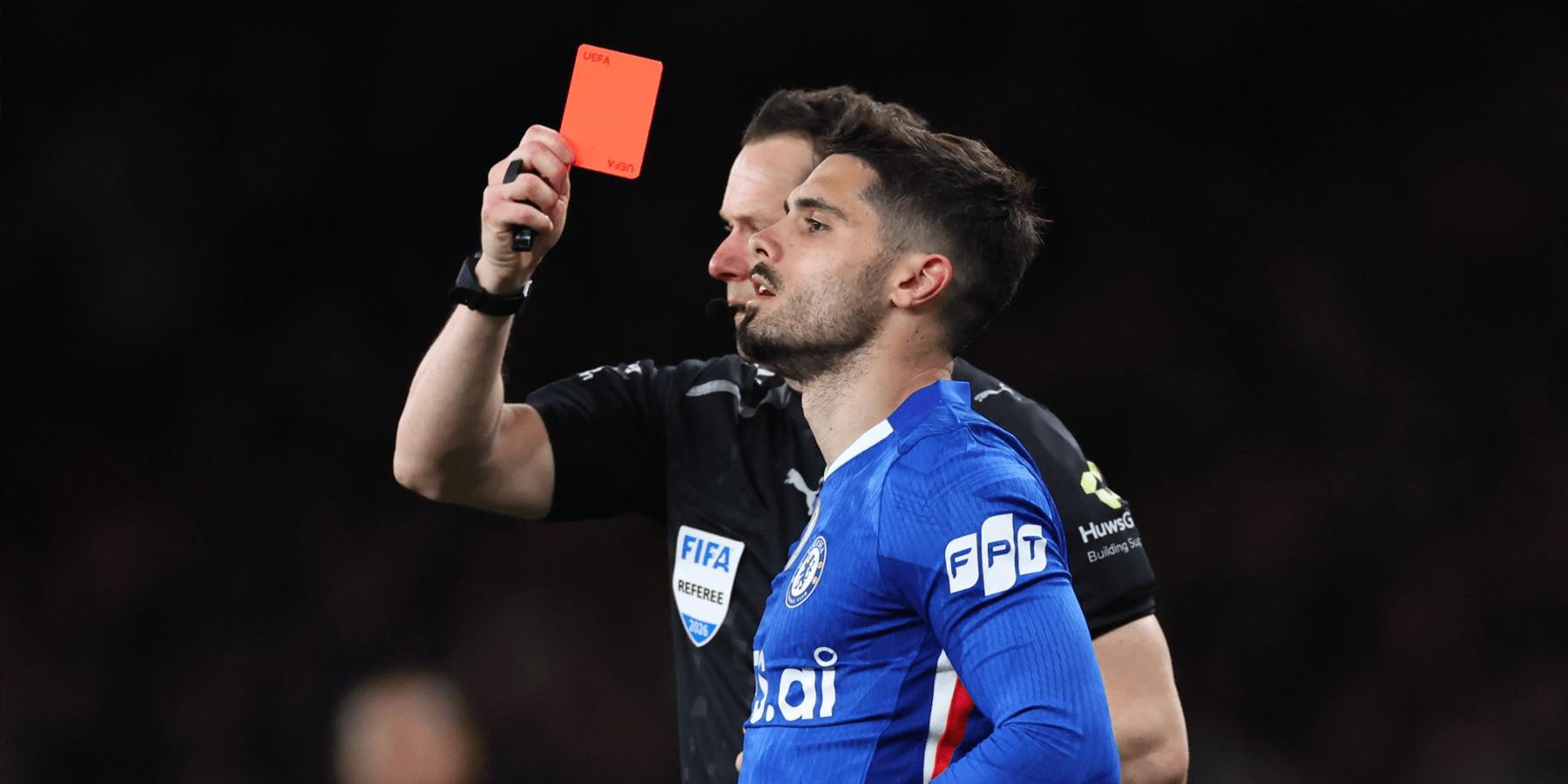 开云小组-本赛季切尔西在联赛中已吃7张红牌，英超单赛季历史纪录是9张